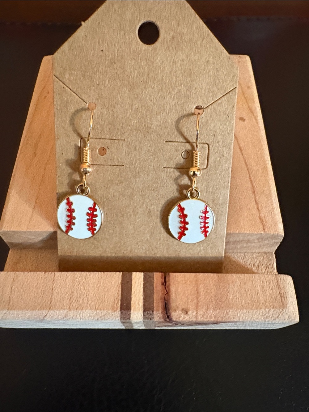 Baseball Charm Dangle Earrings in White & Red with Gold Tone